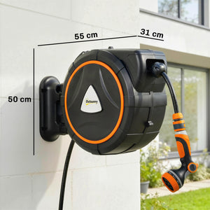 Retractable Hose Reel Wall Mounted, 28+2m Garden Hose Pipe Reel with Auto Retraction, Self-Locking, Slow Return System, 180° Swivel Bracket, 12-Pattern Nozzles and Faucet Adaptor, Orange