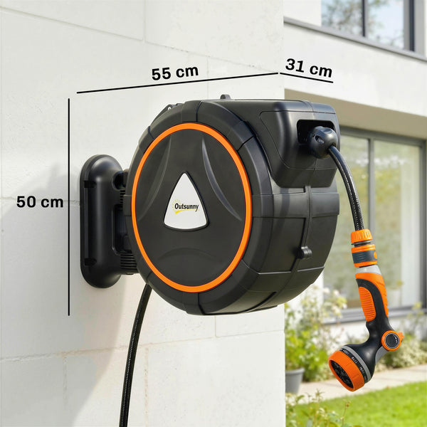Retractable Hose Reel Wall Mounted, 28+2m Garden Hose Pipe Reel with Auto Retraction, Self-Locking, Slow Return System, 180° Swivel Bracket, 12-Pattern Nozzles and Faucet Adaptor, Orange