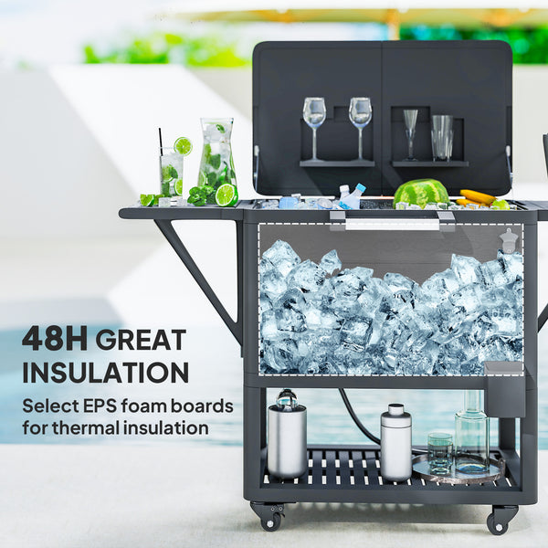 104 Quart Patio Cooler with Wheels, Holds up to 70 Bottles / 120 Cans, Rolling Ice Chest with Bottle Opener and Shelves, Outdoor Beverage Bar Cart with Handles, Black
