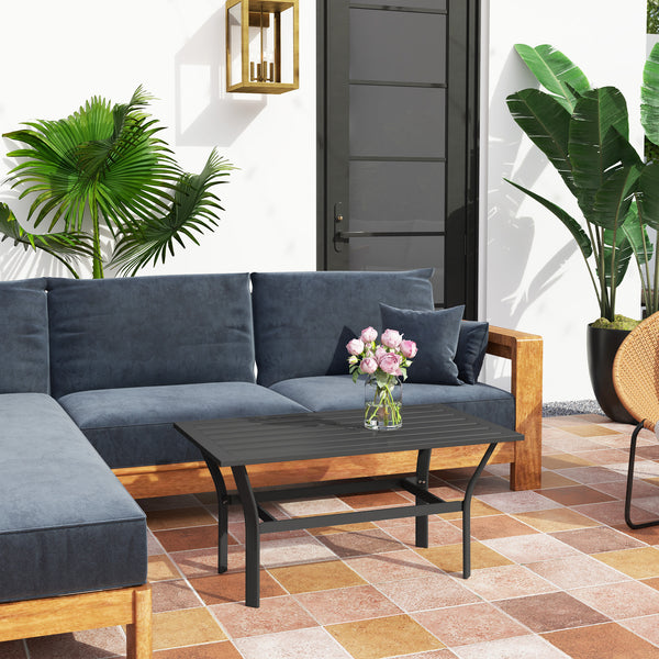 Outdoor Coffee Table, All-Weather Rectangle Metal Patio Coffee Table with Slatted Tabletop for Outside, Patio, Garden, Balcony, Backyard, Black