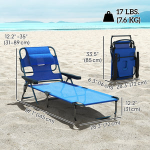 Folding Lounge Chair with 4-level Reclining Back, Outdoor Tanning Chair with Reading Hole, Outdoor Chaise Lounge Chair with Headrest, for Beach, Yard, Patio, Dark Blue