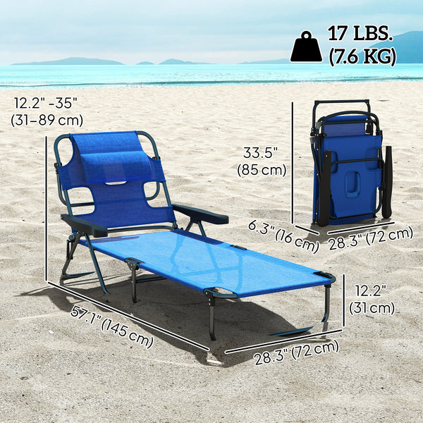 Folding Lounge Chair with 4-level Reclining Back, Outdoor Tanning Chair with Reading Hole, Outdoor Chaise Lounge Chair with Headrest, for Beach, Yard, Patio, Dark Blue