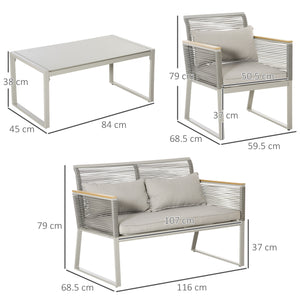 4 Pieces Rattan Garden Furniture Set, Metal Frame Outdoor Furniture Sofa Set with Cushions, Pillows & Tempered Glass Top Table, Wicker Garden Sofa for Conservatory, Patio, Grey