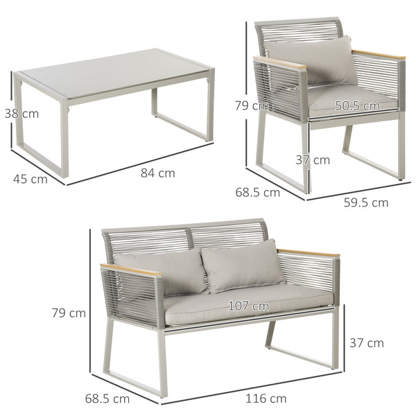 4 Pieces Rattan Garden Furniture Set, Metal Frame Outdoor Furniture Sofa Set with Cushions, Pillows & Tempered Glass Top Table, Wicker Garden Sofa for Conservatory, Patio, Grey