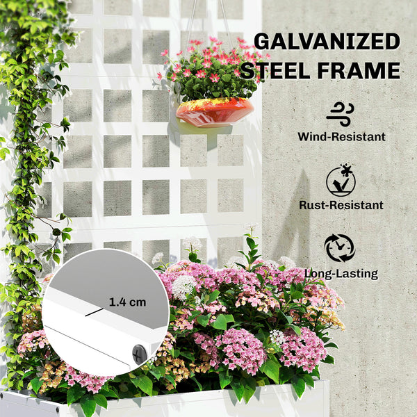 Galvanized Raised Garden Bed with Trellis, Metal Planter Box with Drainage Holes, Outdoor Privacy Screen for Climbing Plants, Vegetable, Vines, 24" x 9" x 44.5", White