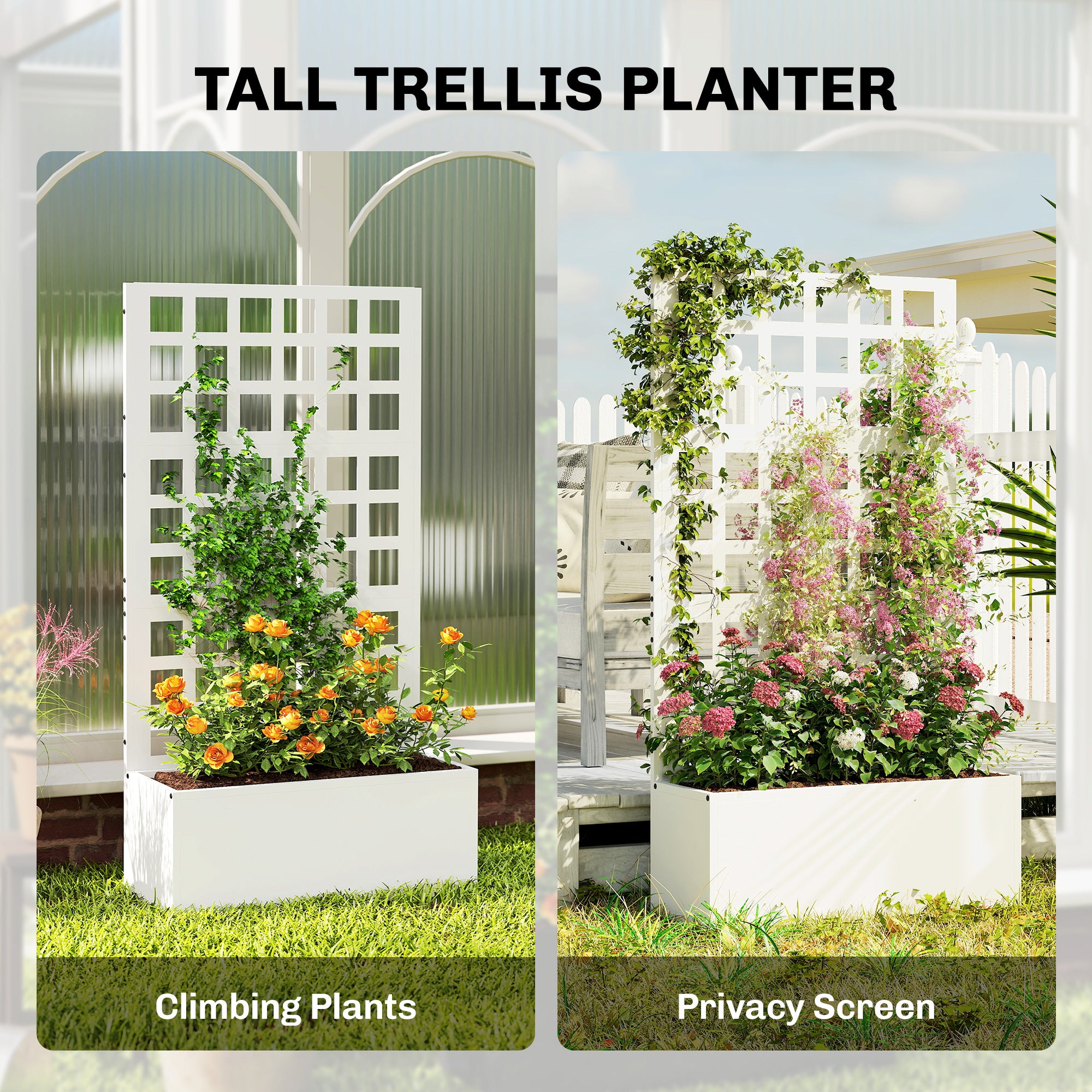 white planter trellis Outsunny Galvanized Raised Garden Bed Planter Box with Trellis for Climbing Plants, Vegetable, Vines, 24" x 9" x 44.5", White