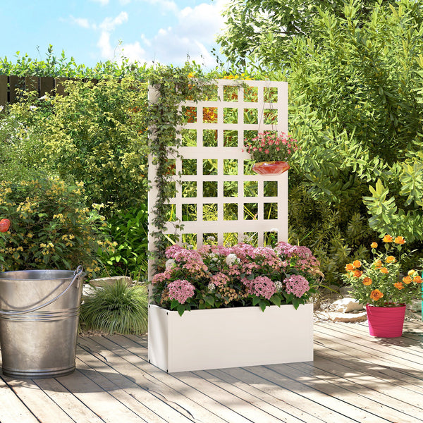 Galvanized Raised Garden Bed with Trellis, Metal Planter Box with Drainage Holes, Outdoor Privacy Screen for Climbing Plants, Vegetable, Vines, 24" x 9" x 44.5", White