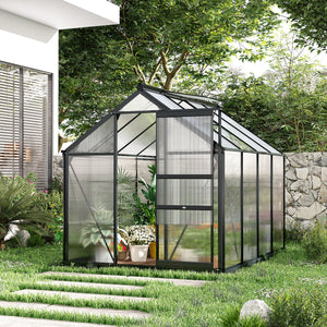 6 x 8ft Polycarbonate Greenhouse, Large Walk-In Green House with Slide Door and Window, Garden Plants Grow House with Aluminium Frame and Foundation, Grey