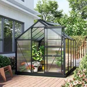 6 x 8ft Polycarbonate Greenhouse, Large Walk-In Green House with Slide Door and Window, Garden Plants Grow House with Aluminium Frame and Foundation, Grey
