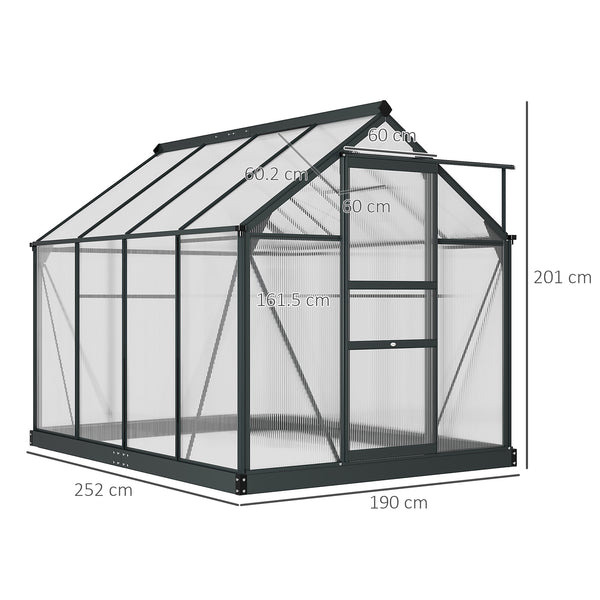 6 x 8ft Polycarbonate Greenhouse, Large Walk-In Green House with Slide Door and Window, Garden Plants Grow House with Aluminium Frame and Foundation, Grey