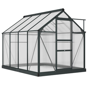 6 x 8ft Polycarbonate Greenhouse, Large Walk-In Green House with Slide Door and Window, Garden Plants Grow House with Aluminium Frame and Foundation, Grey