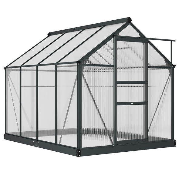 6 x 8ft Polycarbonate Greenhouse, Large Walk-In Green House with Slide Door and Window, Garden Plants Grow House with Aluminium Frame and Foundation, Grey