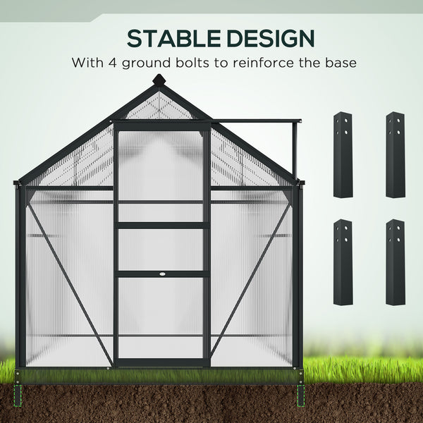 6 x 8ft Polycarbonate Greenhouse, Large Walk-In Green House with Slide Door and Window, Garden Plants Grow House with Aluminium Frame and Foundation, Grey