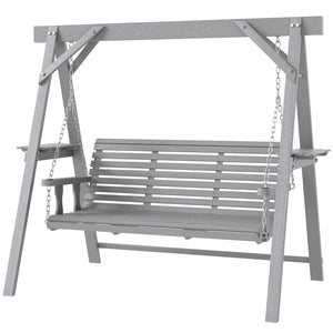 3 Seater Garden Swing Seat, Wooden Swing Chair Bench with Side Tables and Metal Chains, for Outdoor Porch Patio, Dark Grey