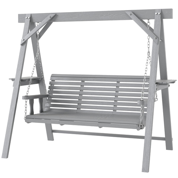 3 Seater Garden Swing Seat, Wooden Swing Chair Bench with Side Tables and Metal Chains, for Outdoor Porch Patio, Dark Grey