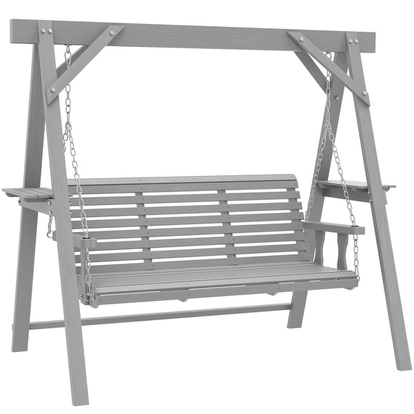 3 Seater Garden Swing Seat, Wooden Swing Chair Bench with Side Tables and Metal Chains, for Outdoor Porch Patio, Dark Grey