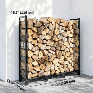 4 ft Firewood Rack with Customisable Width & Height, Cable Reinforcement, 616 lb Capacity Heavy Duty Galvanized Steel Log Store Indoors, Log Storage Holder, Black