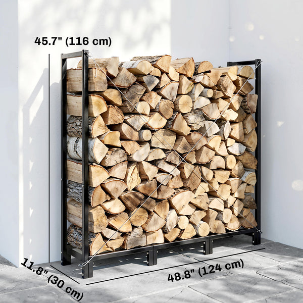 4 ft Firewood Rack with Customisable Width & Height, Cable Reinforcement, 616 lb Capacity Heavy Duty Galvanized Steel Log Store Indoors, Log Storage Holder, Black