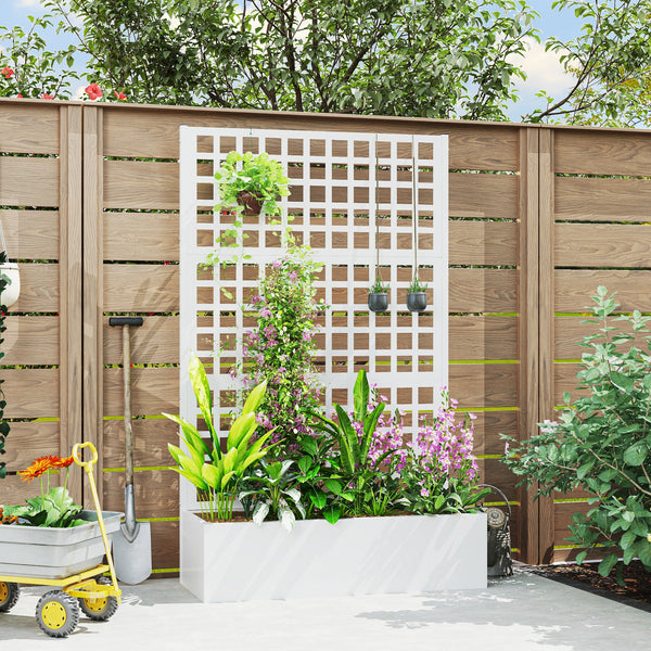 Outsunny Galvanized Raised Garden Bed with Trellis, Metal Planter Box with Drainage Holes, Outdoor Privacy Screen for Climbing Plants, Vegetable, Vines, 43" x 16" x 70", White