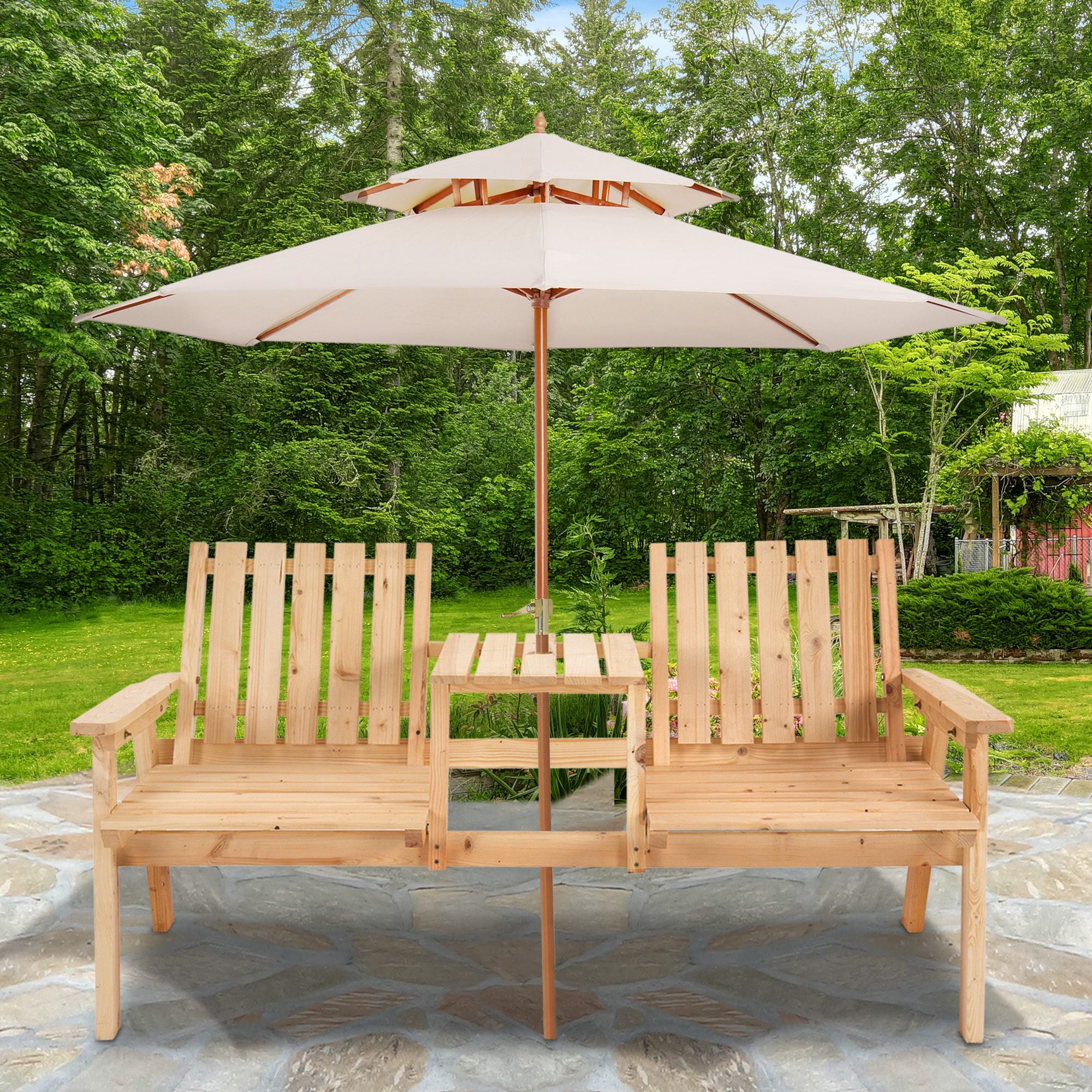 Outsunny Garden Bench with Middle Table & Umbrella Hole, 2-Seater