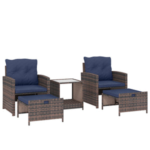 5 Piece Patio Furniture Set, Wicker Patio Chairs with Ottomans, 2-Tier Glass Coffee Table, Cushions, Outdoor Patio Furniture Conversation Set for Balcony, Brown/Dark Blue