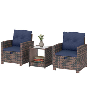 5 Piece Patio Furniture Set, Wicker Patio Chairs with Ottomans, 2-Tier Glass Coffee Table, Cushions, Outdoor Patio Furniture Conversation Set for Balcony, Brown/Dark Blue