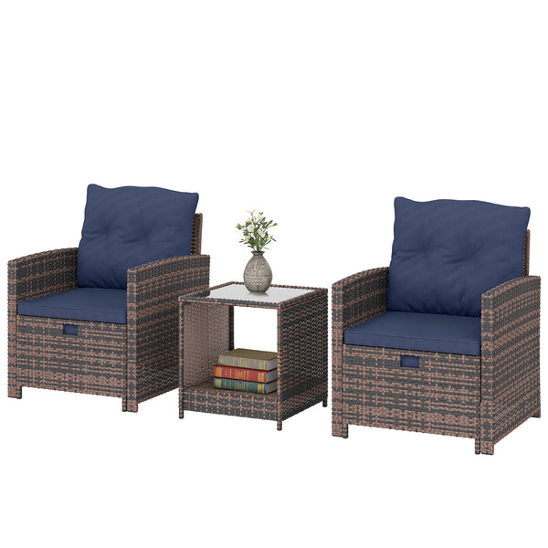 5 Piece Patio Furniture Set, Wicker Patio Chairs with Ottomans, 2-Tier Glass Coffee Table, Cushions, Outdoor Patio Furniture Conversation Set for Balcony, Brown/Dark Blue