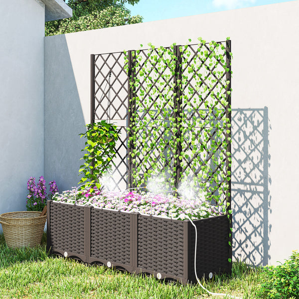 3PCS Plastic Planter Box with Trellis, Self-Watering Raised Garden Bed with Trellis and Automatic Watering Timer Kit, Outdoor Raised Planter with Drainage Holes, Plugs and Water Reservoir