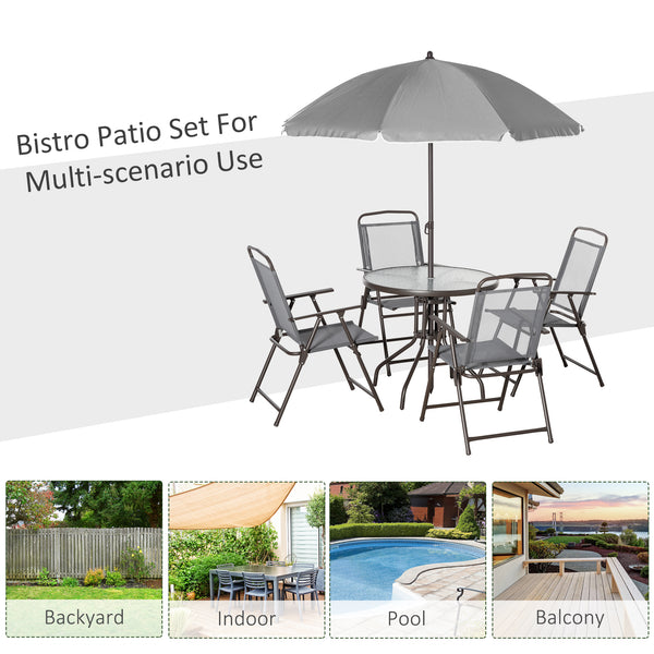 Outsunny 6 Piece Patio Dining Set for 4 with Umbrella, Outdoor Table and Chairs with 4 Folding Dining Chairs & Round Glass Table for Garden, Backyard and Poolside, Gray