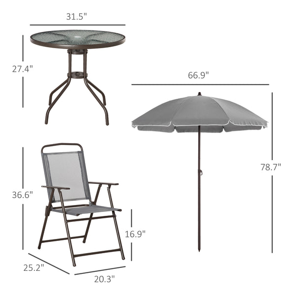 Outsunny 6 Piece Patio Dining Set for 4 with Umbrella, Outdoor Table and Chairs with 4 Folding Dining Chairs & Round Glass Table for Garden, Backyard and Poolside, Gray