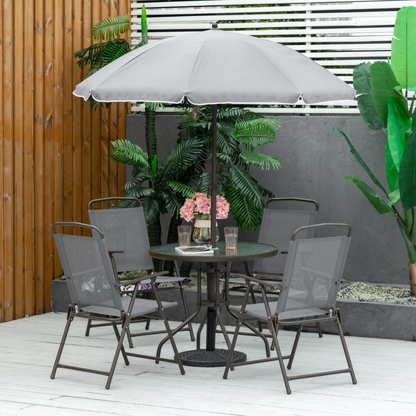 Outsunny 6 Piece Patio Dining Set for 4 with Umbrella, Outdoor Table and Chairs with 4 Folding Dining Chairs & Round Glass Table for Garden, Backyard and Poolside, Gray