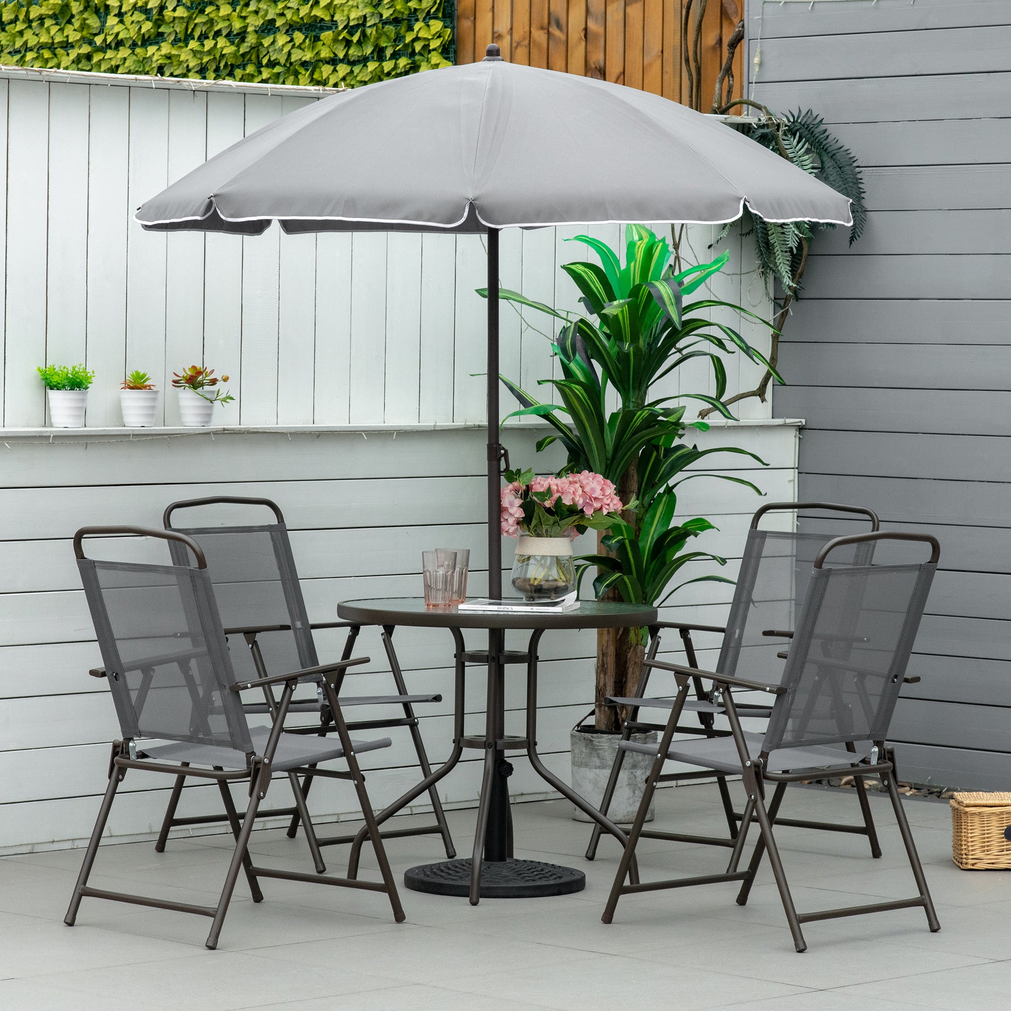 6 pc patio set with umbrella Outsunny Garden Soirée: 6-Piece Gray Patio Dining Set with Umbrella & Glass Table