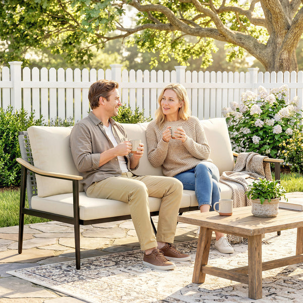 3 Seater Rattan Sofa, Outdoor Garden Sofa with Wood-Effect Armrests, PE Rattan Garden Furniture with Cushions, Steel Frame for Porch, Patio, Balcony, Khaki