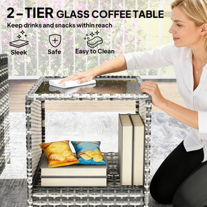 5 Piece Patio Furniture Set, Wicker Patio Chairs with Ottomans, 2-Tier Glass Coffee Table, Cushions, Outdoor Patio Furniture Conversation Set for Balcony, Grey/Dark Grey