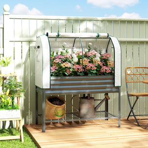 Galvanised Raised Garden Bed with Greenhouse Cover, Metal Elevated Garden Bed with Legs, Bed Liner and Bottom Shelf, Outdoor Raised Planter Box for Vegetables, Herbs, Flowers, Dark Gray