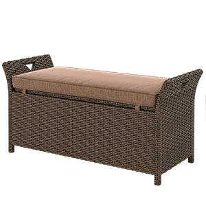 2-In-1 Patio Wicker Storage Bench, 29 Gallon Outdoor PE Rattan Patio Furniture, Large Capacity Rectangle Basket Box with Handles and Cushion, Tan