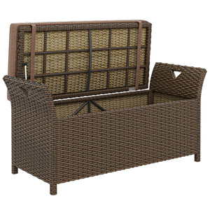 2-In-1 Patio Wicker Storage Bench, 29 Gallon Outdoor PE Rattan Patio Furniture, Large Capacity Rectangle Basket Box with Handles and Cushion, Tan