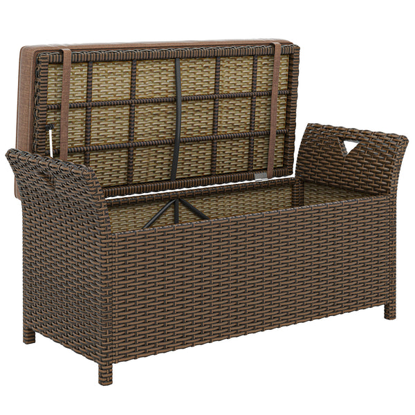 2-In-1 Patio Wicker Storage Bench, 29 Gallon Outdoor PE Rattan Patio Furniture, Large Capacity Rectangle Basket Box with Handles and Cushion, Tan