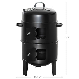 Vertical Charcoal BBQ Smoker, 3-in-1 16" Round Charcoal Barbecue Grill with 2 Cooking Area, and Thermometer for Outdoor Camping Picnic Backyard Cooking, Black