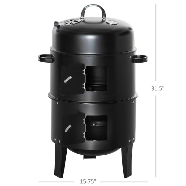 Vertical Charcoal BBQ Smoker, 3-in-1 16" Round Charcoal Barbecue Grill with 2 Cooking Area, and Thermometer for Outdoor Camping Picnic Backyard Cooking, Black