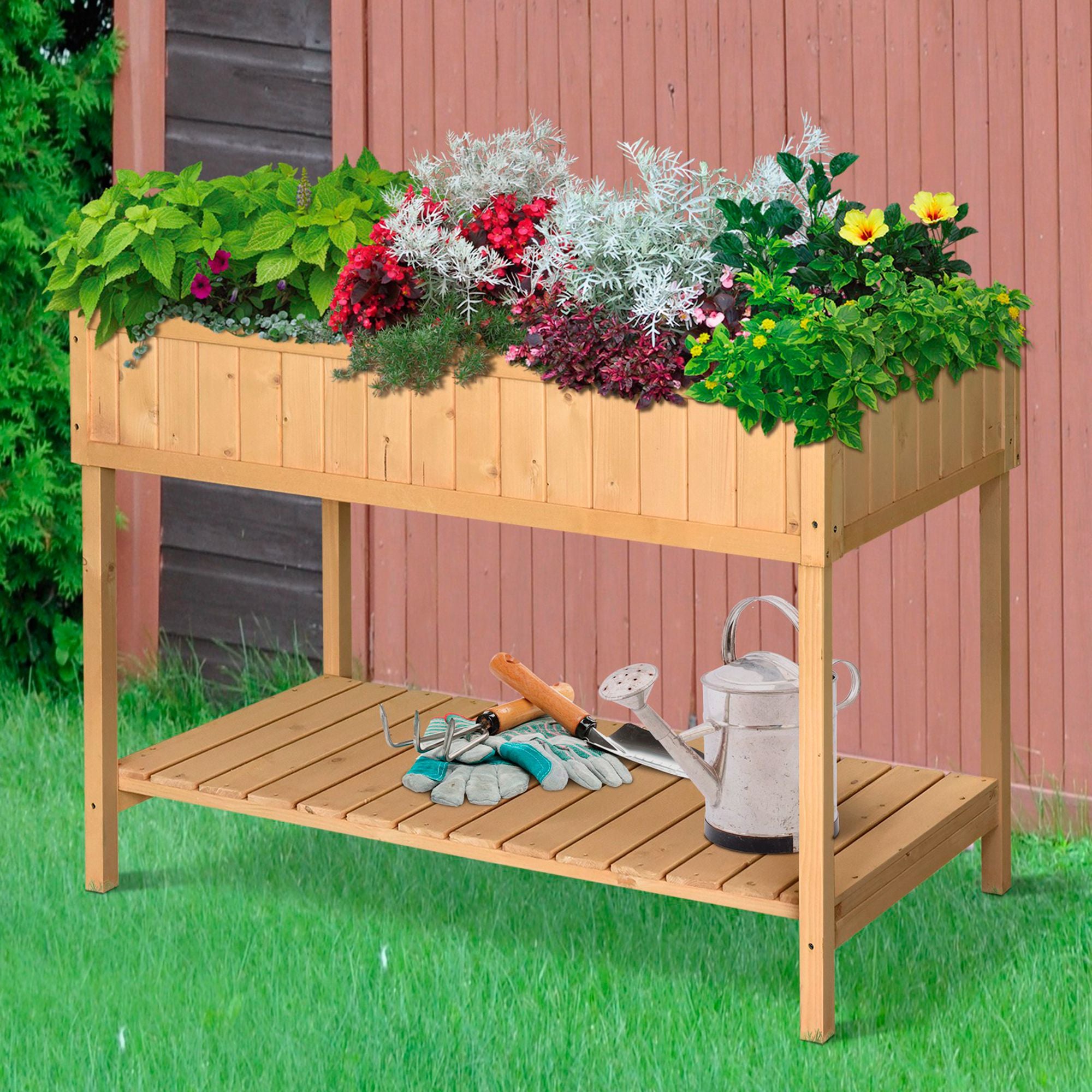Outsunny Wooden Raised Bed with Storage Shelf & 8 Pockets, 43