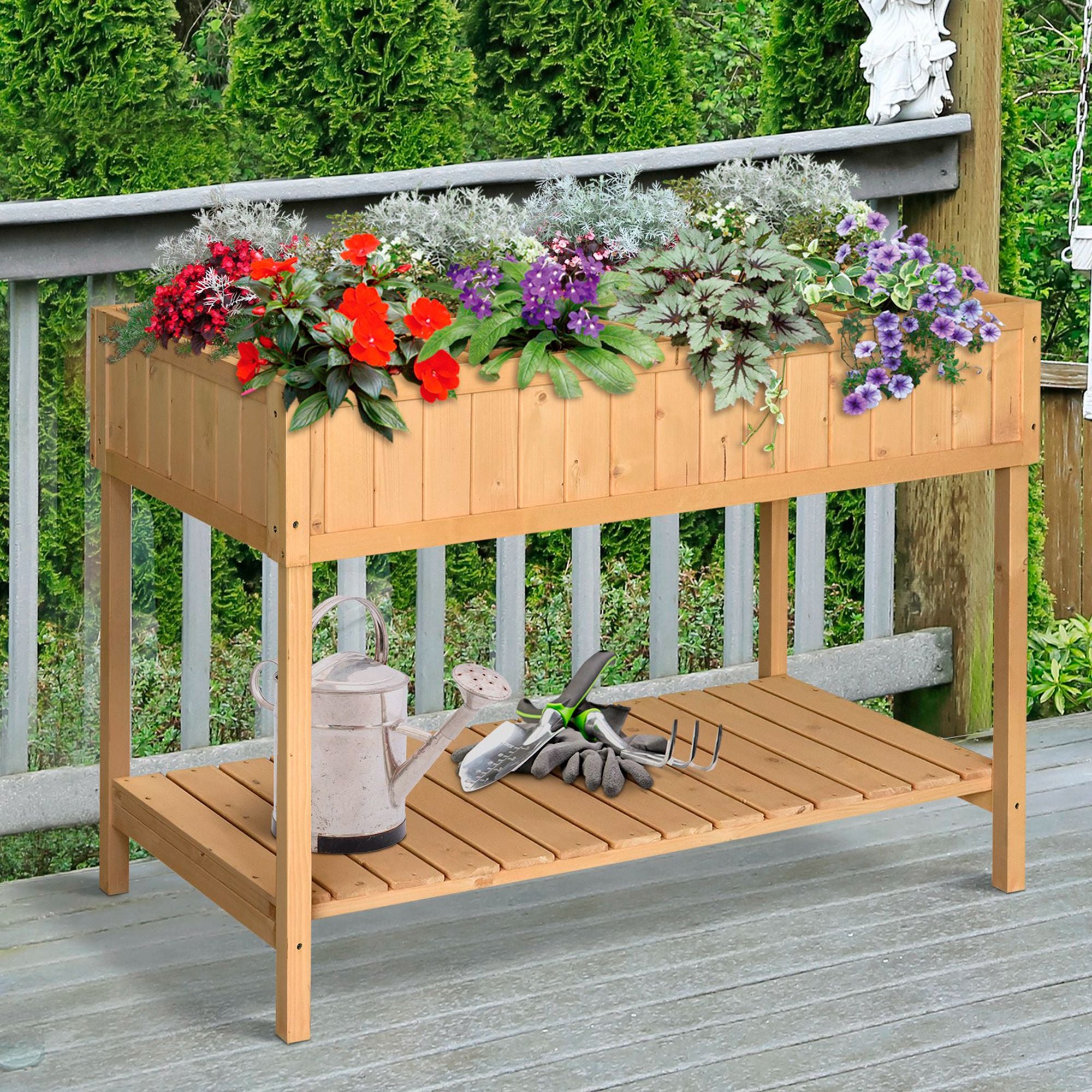 Outsunny Wooden Raised Bed with Storage Shelf & 8 Pockets, 43