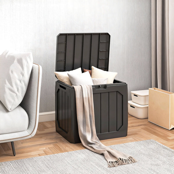 32 Gallon Deck Box, Plastic Outdoor Storage Box with Handles, Waterproof and UV Resistant Storage Container for Garden Tools and Pool Supplies, Black