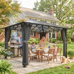 3 x 4 m Outdoor Hardtop Gazebo Canopy with Polycarbonate Roof, Waterproof Aluminium Permanent Pavilion Garden Gazebo Patio Shelter with Curtains, Dark Grey