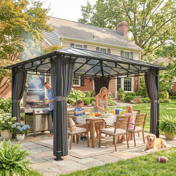 3 x 4 m Outdoor Hardtop Gazebo Canopy with Polycarbonate Roof, Waterproof Aluminium Permanent Pavilion Garden Gazebo Patio Shelter with Curtains, Dark Grey