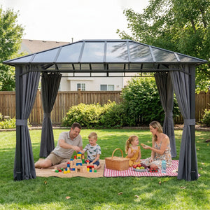 3 x 4 m Outdoor Hardtop Gazebo Canopy with Polycarbonate Roof, Waterproof Aluminium Permanent Pavilion Garden Gazebo Patio Shelter with Curtains, Dark Grey