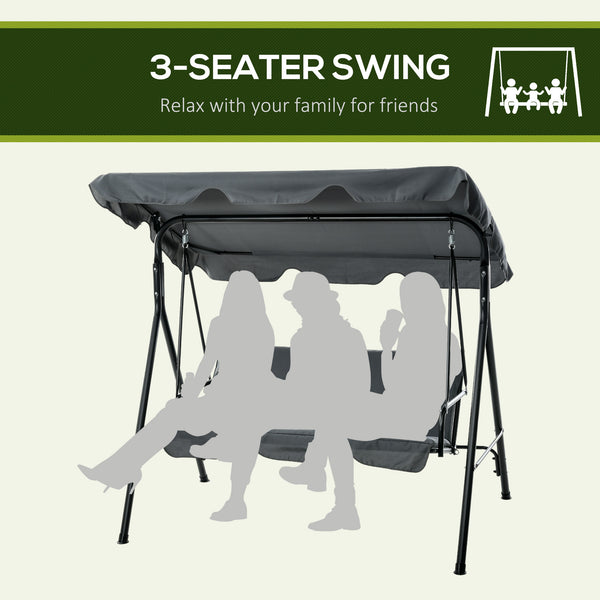 Outsunny 3-Seat Outdoor Patio Swing Chair with Removable Cushion, Steel Frame Stand and Adjustable Tilt Canopy for Patio, Garden, Poolside, Balcony, Backyard, Gray