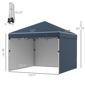 Outsunny 10' x 10' Pop Up Canopy Tent with 3 Sidewalls, Leg Weight Bags and Carry Bag, Height Adjustable, Instant Party Tent Event Shelter Gazebo for Garden, Patio, Navy Blue