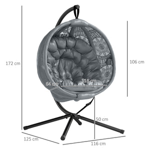 Outdoor Hanging Chair, Swing Chair with Metal Stand, Thick Padded Cushion, Foldable Basket and Side Pocket, for Indoor and Outdoor, Charcoal Grey