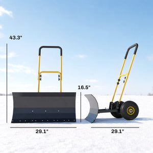 Snow Shovel with Wheels, 29" x 16.5" Heavy Duty Metal Snow Pusher with 5-Level Adjustable Handle, 5-Angle Blade and Non-Slip Grip, for Driveway, Sidewalks, Garden, Deck, Yellow